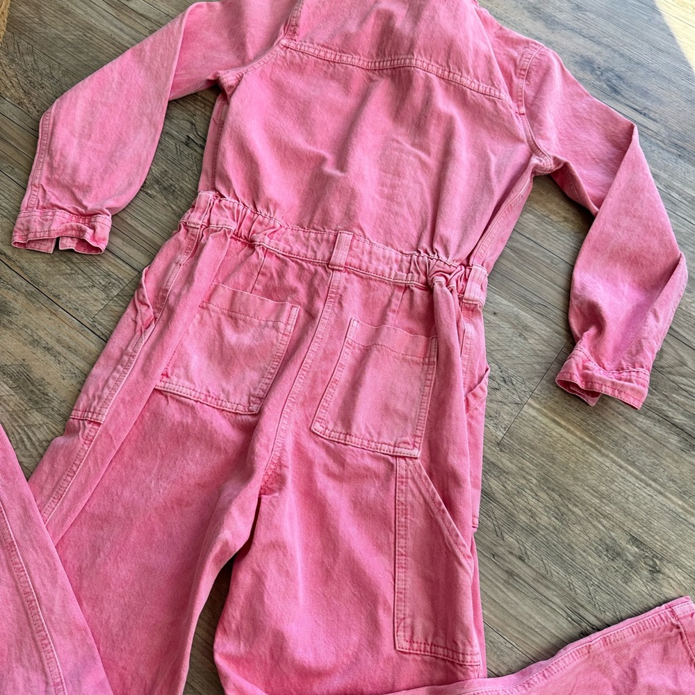 Hot pink denim jumpsuit